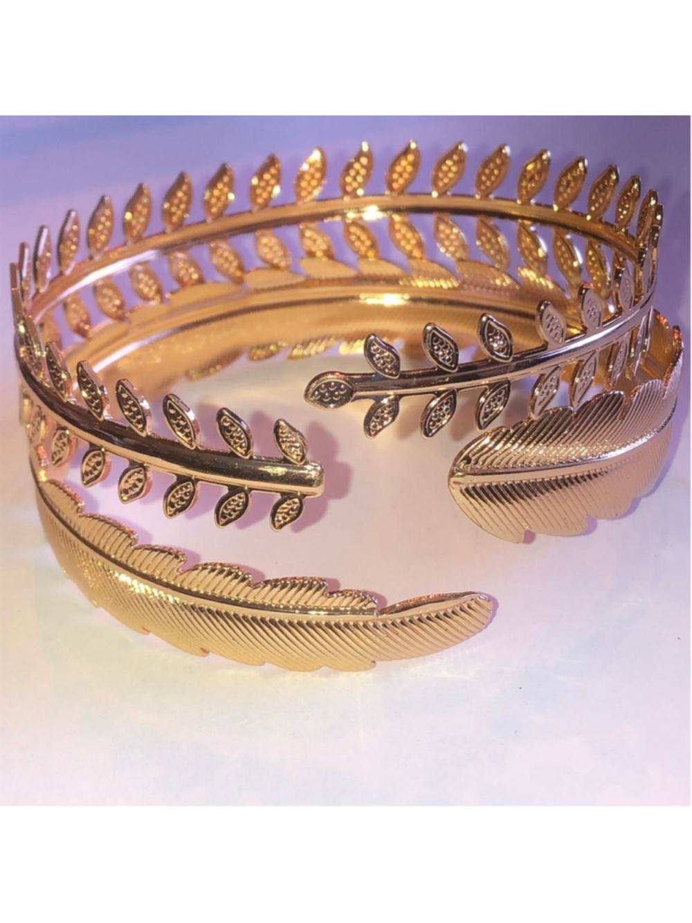 Lot of 2 Gold Tone Open Cuff Adjustable Feather Leaf Boho Arm Cuff Bracelets